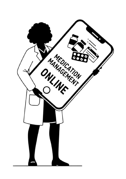 Woman holding big phone with text 'medication management online'